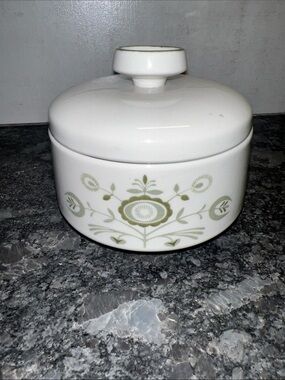 MCM Vintage White Ceramic Lidded Sugar Jar with Olive Green Floral Motif